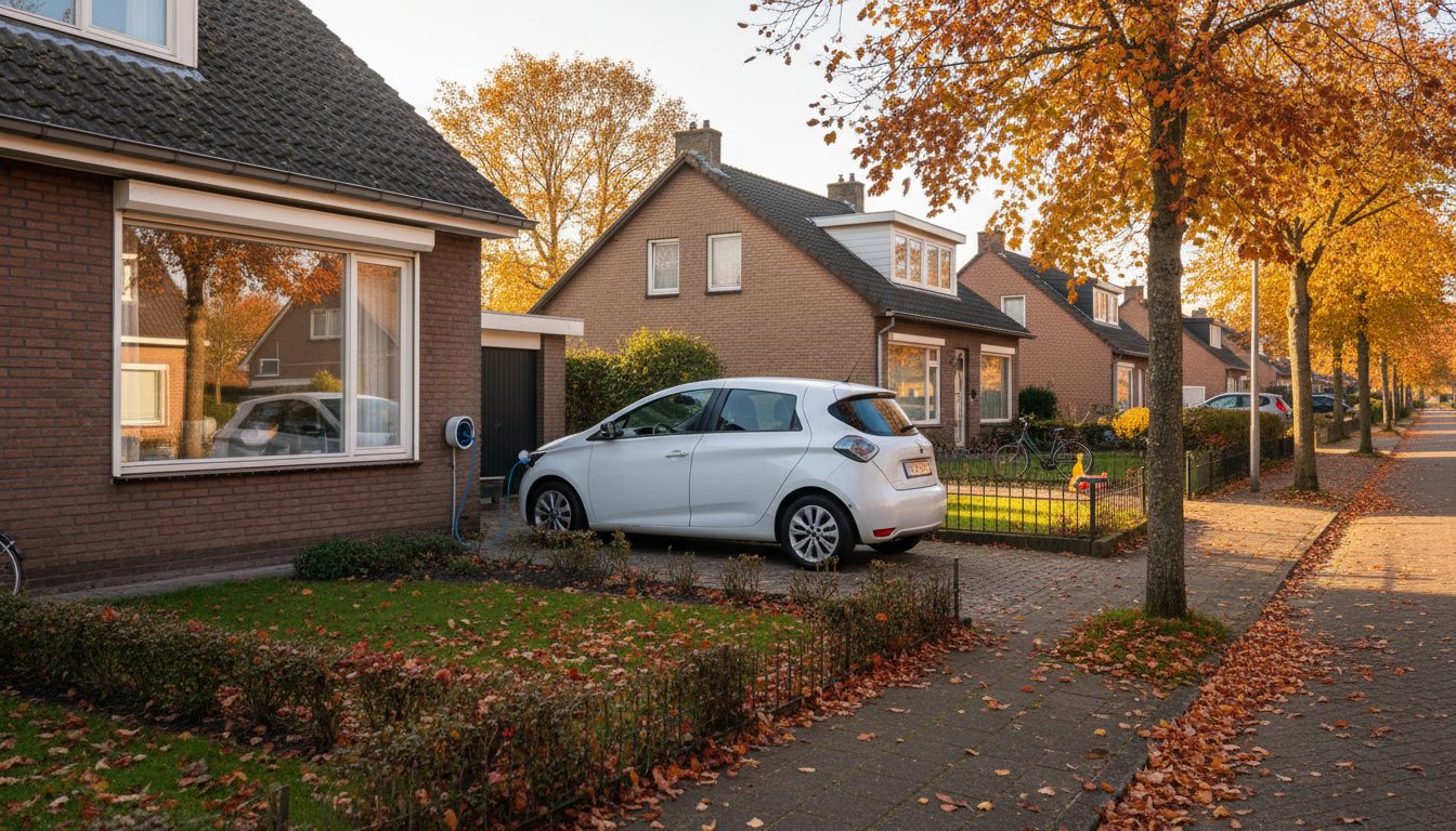 Straatbeeld met laadpaal op woning in Flandre