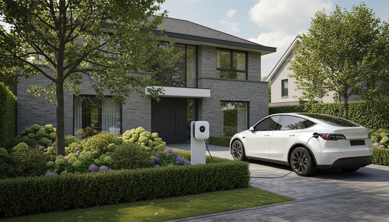 laadpaal installatie bij bakstenen woning in Flandre in de winter