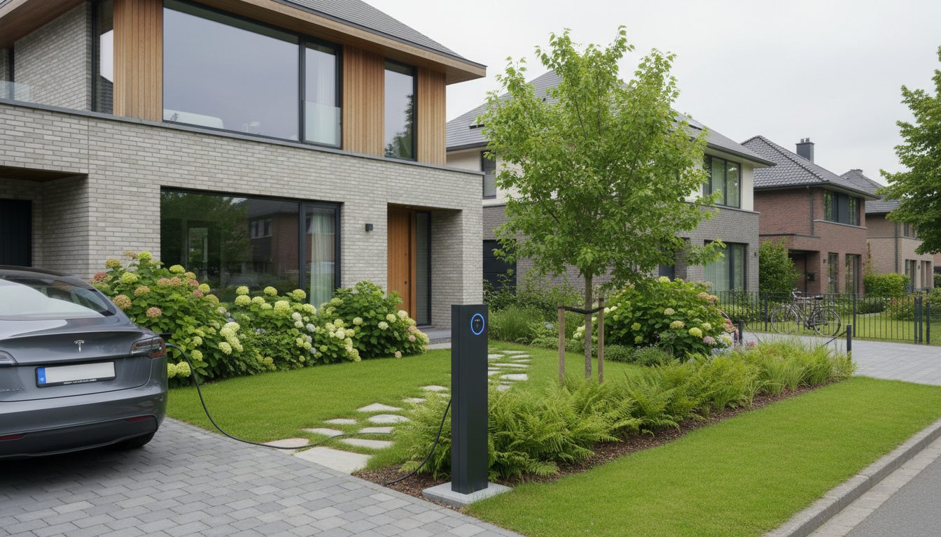 laadpaal installatie bij bakstenen woning in Flandre in de zomer